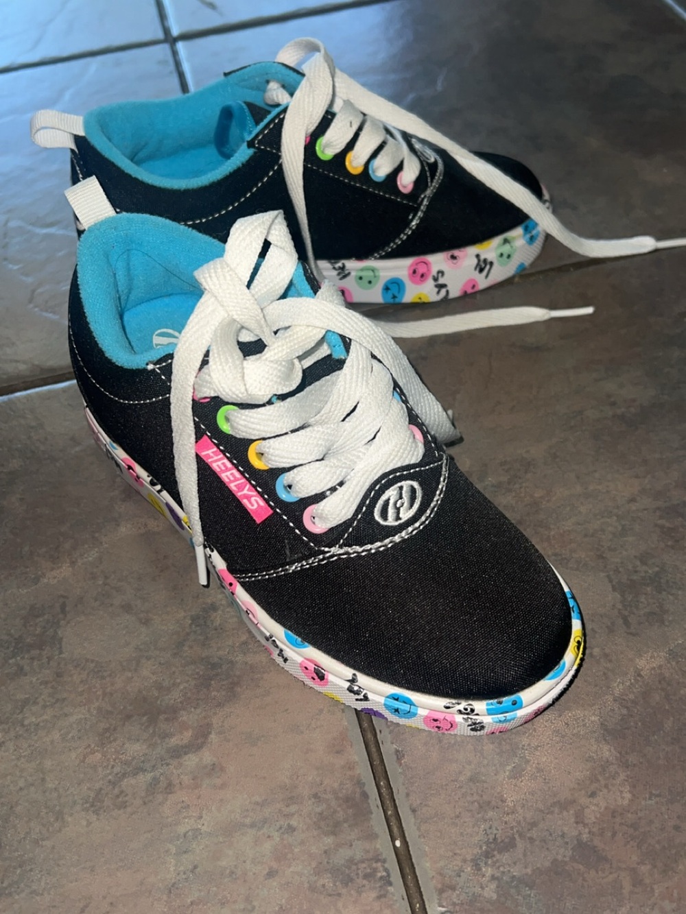 Heelys Kids' Black Canvas Sneakers with Blue Lining and Colorful Smiley Trim